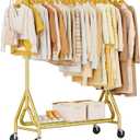 Heavy Duty Clothes Rack, Metal Clothing Rack Load 450 LBS, Rolling Coat Racks for Hanging Clothes with Lockable Wheels, Wardrobe Closet Garment Racks for Bedroom, Gold, Single Rod, 18.9"D x 63"W x 66"H