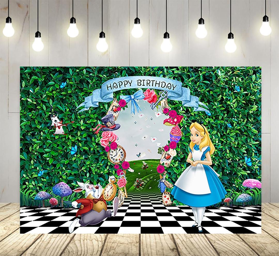 Green Leaf Backdrop for Birthday Party Supplies White Rabbit Photo Backgrounds Alice in Wonderland Theme Baby Shower Banner 59x38in
