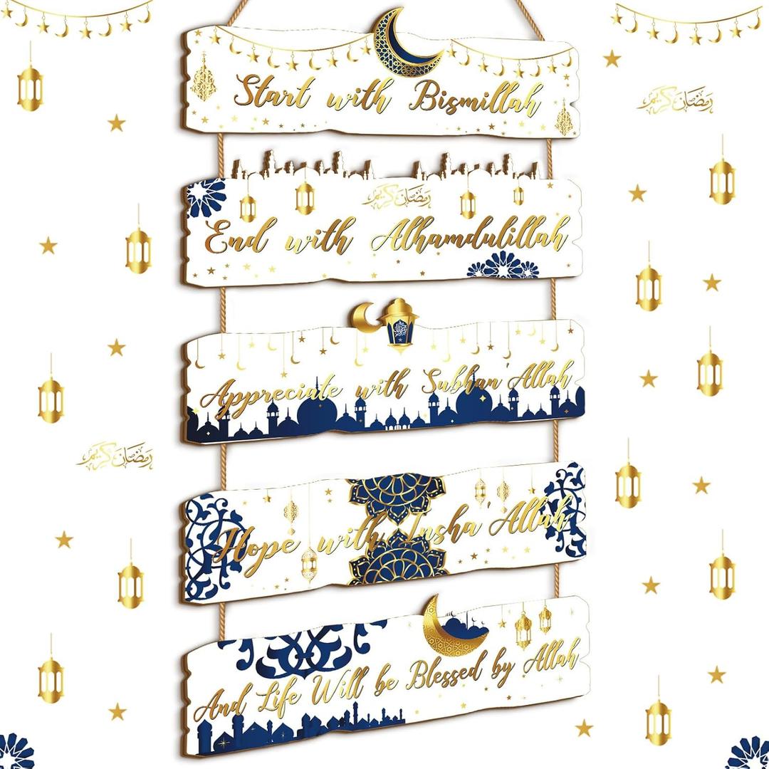 2 x Patelai 5 Pcs Eid Ramadan Islamic Wooden Wall Decor Eid Decorations for Home Start and End with Allah Wall Art Allah Pediment Inspirational Hanging Plaque Wreath for Islamic Muslim Supply(Blue)