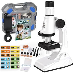 61 Piece Kids Microscope Kit, 100X-1200X Magnification with LED Light | Durable Metal Body, Slides & Carrying Box | STEM Biology Science Kit, Educational Gift for Children Ages 6-12