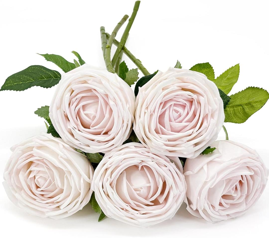 5Pcs Light Pink Real Touch Artificial Silk Flowers with Stems - Lifelike Latex Austin Rose Peony for Wedding Bouquets, Home Decor, DIY Floral Arrangements