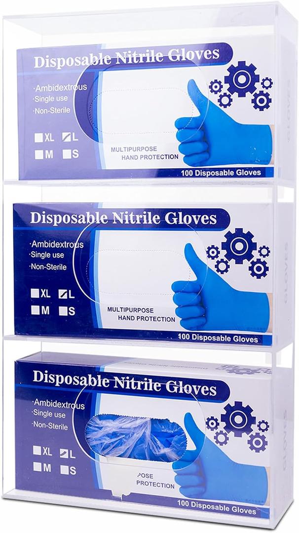 Wall-Mounted Acrylic Glove Box Dispenser Holder,3 Cartons Capacity,Glove & Facial Tissue Wire Rack for Kitchen,Healthcare,Hospital,Workshop,Office,Etc(Each Grid 9.5x5.1x3)