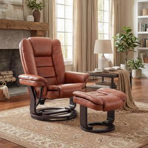 Argus Swivel Recliner with Ottoman, PU Leather & Wood Base Reclining Chair with Footrest, Ultra-Plush Double Foam for Living Room, Bedroom and Office, Set of 1 (Brown)