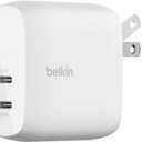 Belkin BoostCharge Dual USB-C Wall Charger w/PPS 60Wfor Apple iPhone 16, 16 Plus, iPad, Galaxy S25, Google Pixel, Nintendo Switch 2 - Compatible w/C to Lightning & C to C Cables - White