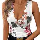 Women's Floral Elegant Tank Top Scallop Trim V Neck Fitted Sleeveless Blouses Tops (Large, White)
