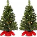Jenaai 2 Pack Lighted Artificial Mini Christmas Tree 24 Inch Tabletop Christmas Tree with 50 LED Lights, Battery Operated Small Xmas Decoration Home Decor Outdoor Indoor
