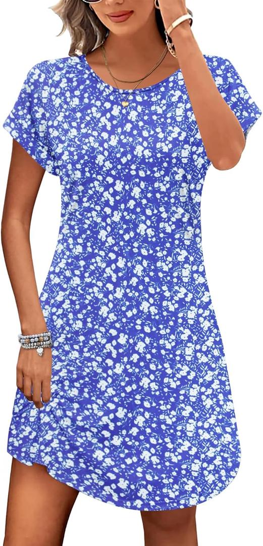 PLOKNRD Women's Casual Dress Summer Short Sleeve T-Shirt Dress Crew Neck Basic Dresses 2025 (XX-Large, Blue White Flower)