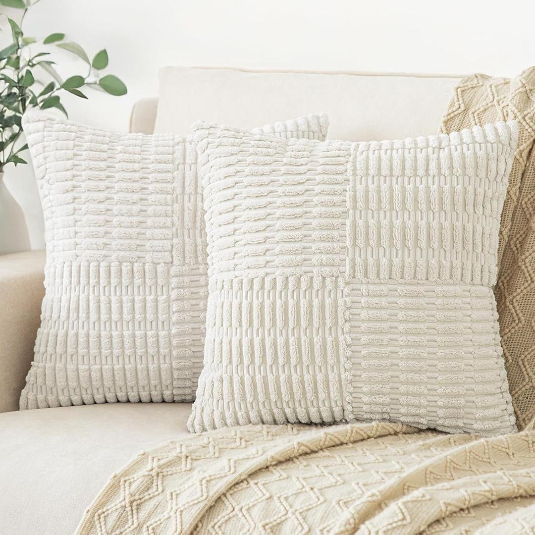 Softalker Throw Pillow Covers 16x16 Inch, Spring Outdoor Set of 2 Fluffy Corduroy Boho Textured Pillow Covers Modern Decorative Pillow Case for Classroom Balcony Patio Couch, Cream