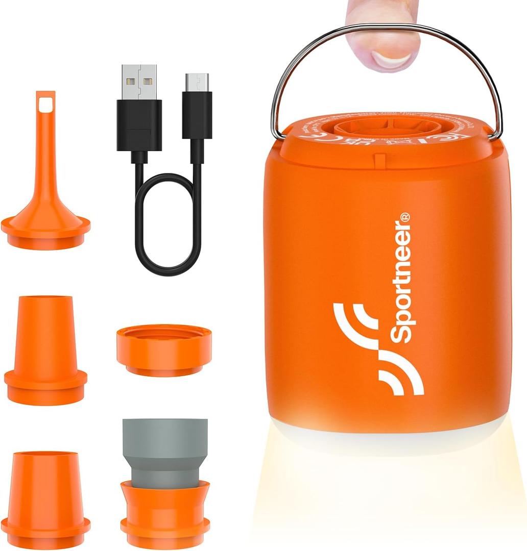 Sportneer Mini Air Pump: 1600mAh Rechargeable Air Pump for Inflatables with Hook, Magnetic and Light Function, Air Mattress Pump for Pool Floats, Sleeping Pads, Swimming Ring, Vacuum Storage Bags (Orange)