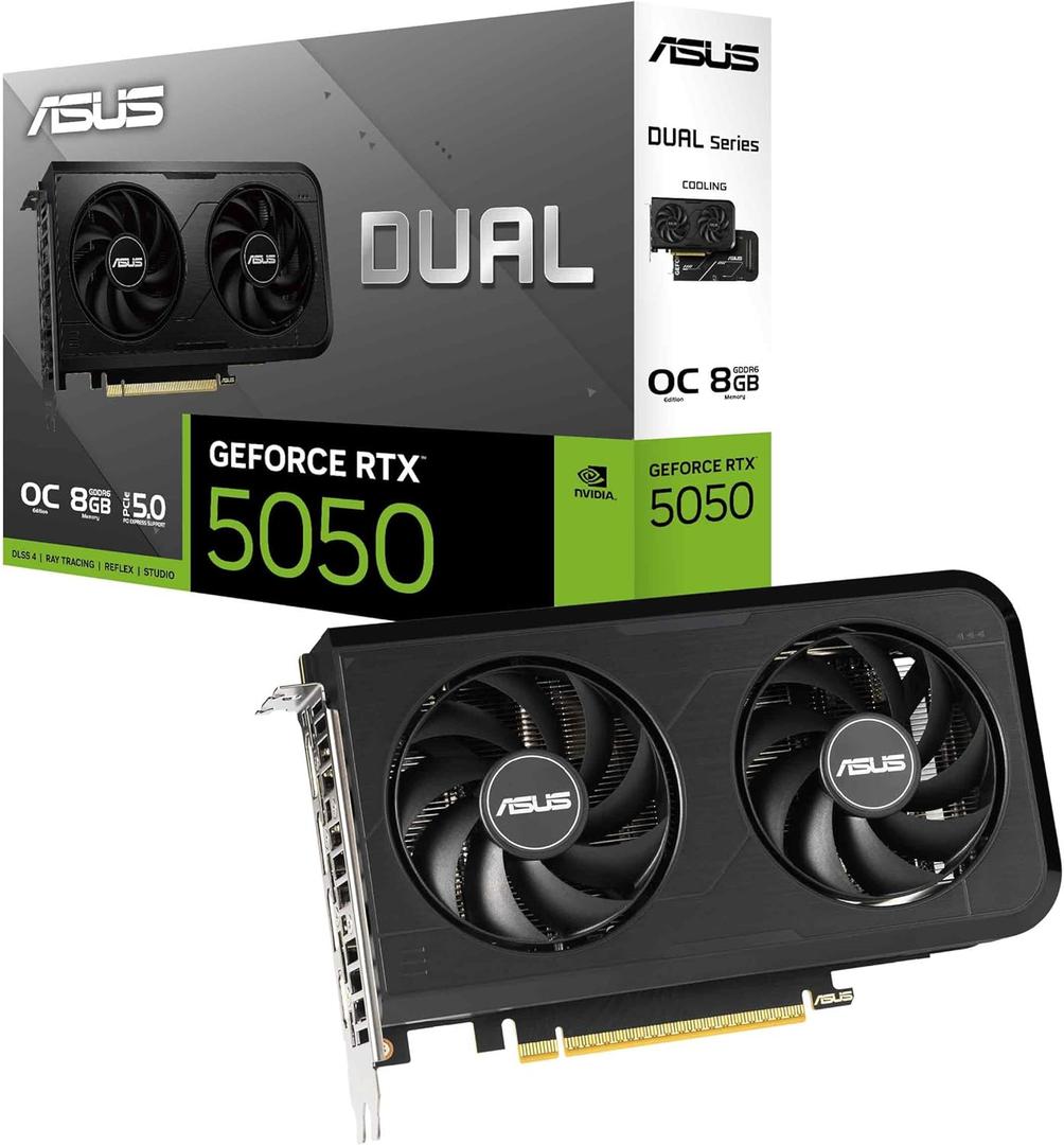 ASUS Dual GeForce RTX 5050 8GB GDDR6 OC Edition (PCIe 5.0, 8GB GDDR6, DLSS 4, HDMI 2.1b, DisplayPort 2.1b, 2-Slot, Axial-tech Fan Design, 0dB Technology, Dual BIOS and More)