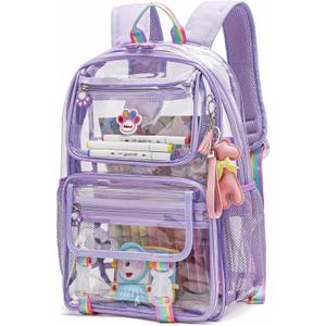 Maod Clear Backpack Heavy Duty Stadium Approved PVC Transparent Large School Book Bag with Free Sticker and A Pendant (Purple)
