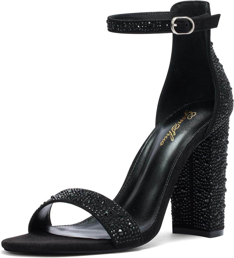 GENSHUO Women's 4-inch Chunky High Heel Sandals with Ankle Strap, Party Wedding Bridal Shoes Sparkly Black Rhinestons Size 7