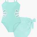 TALLWH Girls Swimsuit, Adjustable Straps Cut Out One Piece Bathing Suit with Solid Color Cover Up Skirt Girls' Swimwear 5-6Y, Cyan Blue