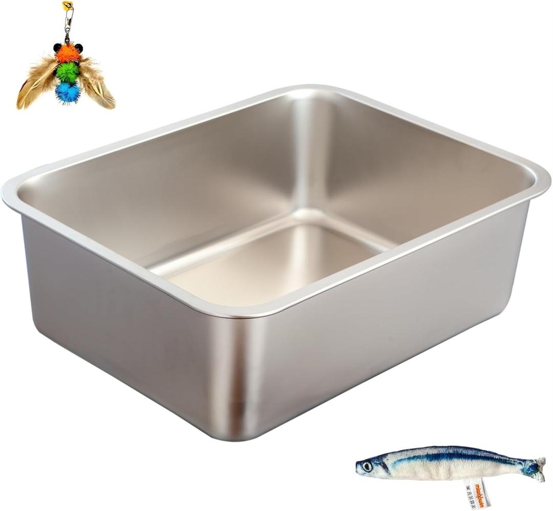 Stainless Steel Cat Litter Box Set, Includes Catnip Fish Toy & Wand Feather Toy Refill, Easy to Clean, Pet Toilet Supplies for Kitten, Kitty, Rabbit, Metal Litter Pan for Kittens and Adult Cats (1 Medium (17.6"x13.6"x5.9"))