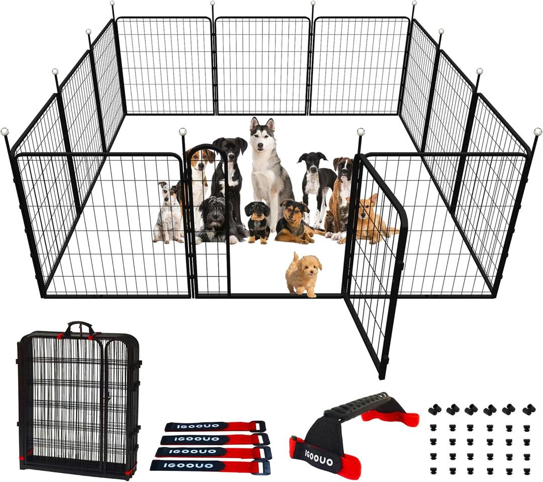 Dog Play Pen Indoors/Outdoor,32'' Portable Dog Fence with Easy-Carry Straps,12 Panels Dogs Pen Play Pen for Medium/Large Dogs,Rustproof Metal Pet Playpen for Camping RV Yard (with Two Doors)