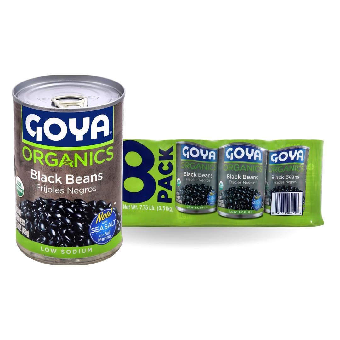 Goya Organic Black Beans, Low Sodium with Sea Salt, 15.5 Ounce (Pack of 8) (EXP 05/01/31)