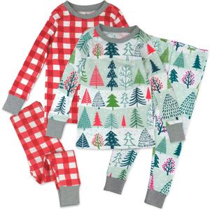 HonestBaby 4 Piece Pajamas Sleepwear Pjs 100% Organic Cotton for Infant Baby and Toddler Boys, Girls, Unisex (12 Months, Feelin' Pine)