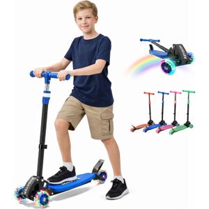 Kick Scooter for Kids Ages 6-12, LED Lighted Wheels and 3 Adjustable Height Handlebars, Kids Kick Scooter, Extra Wide Deck for Girls and Boys Blue