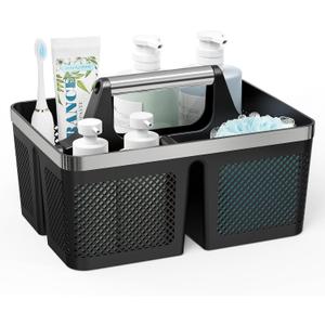 Black Shower Caddy Portable: Plastic Bathroom Caddy Organizer with Handle and Holes, Cleaning Caddy, Hard Shower Basket Storage Tote for Toiletry, College Dorm Room Essentials for Men