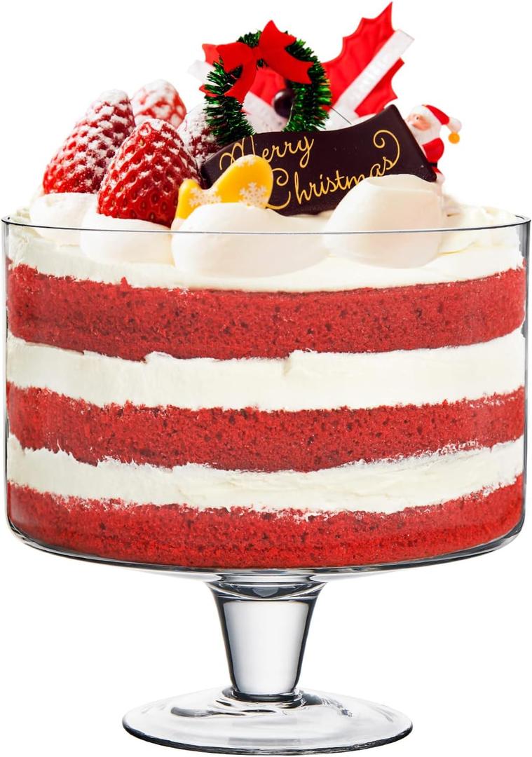 Trifle bowl Glass Crystal-Clear Set of 1, 116oz(3.3L), Footed Trifle Bowl with Stand, Trifle dish for decadent dessert like salad, fruit, ice cream, parfait, pudding, Party Bowl, 8 Inches Diameter, 7.7 Inches Height