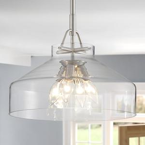 WUZUPS Chandelier Rustic Farmhouse Industrial Round Ceiling Pendant LED Light Fixture with Clear Glass Shades for Dining Room Kitchen Island Foyer Entryway, H 11.8" W 15", E26 Base, Brushed Nickel, 4 Lights
