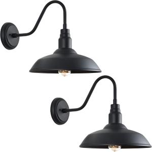14 Inch Outdoor Gooseneck Light Fixture for Porch, 2 Pack Large Exterior Barn Lights for Farmhouse, Black Outside Wall Sconce for Porch Patio Garage, 14" Dome