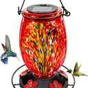 Solar Hummingbird Feeder for Outdoors Hanging Patio Designed 32 Ounces Colorful Hand Blown Glass Hummingbird Feeder 5 Feeding Ports with Perch Never Leak (Red)