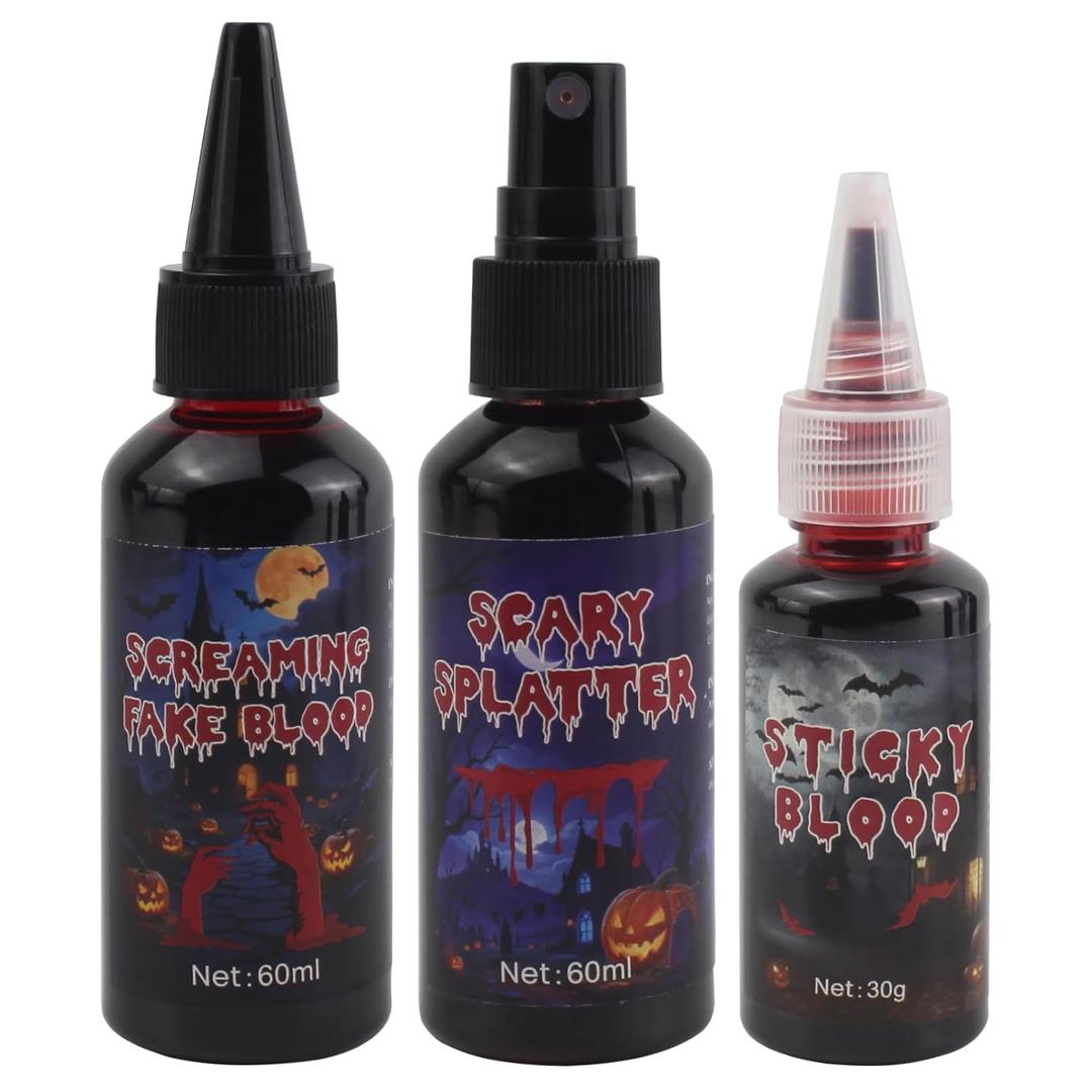 VOLLUCK Halloween Makeup kit - Fake Blood Washable + Liquid Latex + Scar Wax with Spatula Tool + Fake Blood Spray + 2 Stipple Sponge (A-3 pieces)