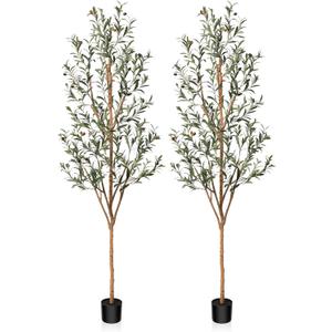 Kazeila Artificial Olive Tree 7FT Tall Faux Silk Plant for Home Office Decor Indoor Fake Potted Tree with Natural Wood Trunk and Lifelike Fruits, 2 Pack