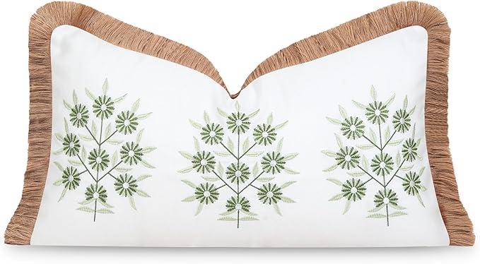Hofdeco Premium Coastal Patio Indoor Outdoor Lumbar Pillow Cover Only, 12"x20" Water Repellent for Backyard, Couch, Green Embroidered Floral with Fringe
