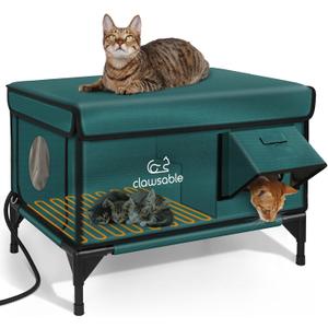 Indestructible Heated Cat House for Outside Winter, 100% Waterproof, Safe Escape Door, Insulated Outdoor Cat Shelter with Heater for Feral Barn Cat Kitty (Forest Green, 26"x16"x18")