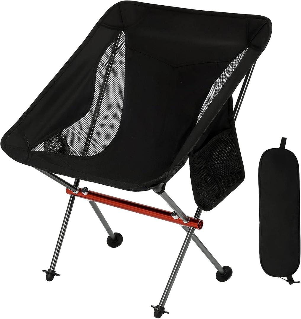 SHALLWE Ultralight Camping Chairs, All Aluminum Frame Portable Folding Camp Chair for Adults, Lightweight Collapsible for Backpacking, Hiking, Beach, Sports Low Back Black