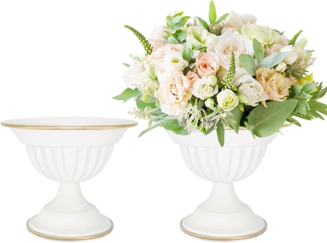 White Flower Vases for Centerpieces: Wedding Compote Bowl 5.1 Inch Small Urn Vase Metal Pedestal Vase for Table Party Event Home Set of 2