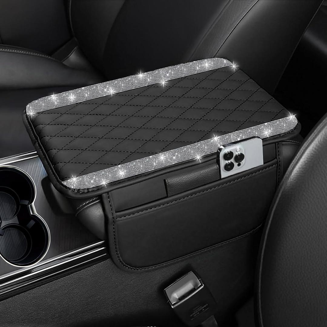 NBTEPEM Bling Car Center Console Cover, Leather Car Arm Rest Cover Cushion with 2 Storage Bags, Universal Auto Armrest Protector Storage Box, Bling Accessories Interior for Most Vehicles (Silver)