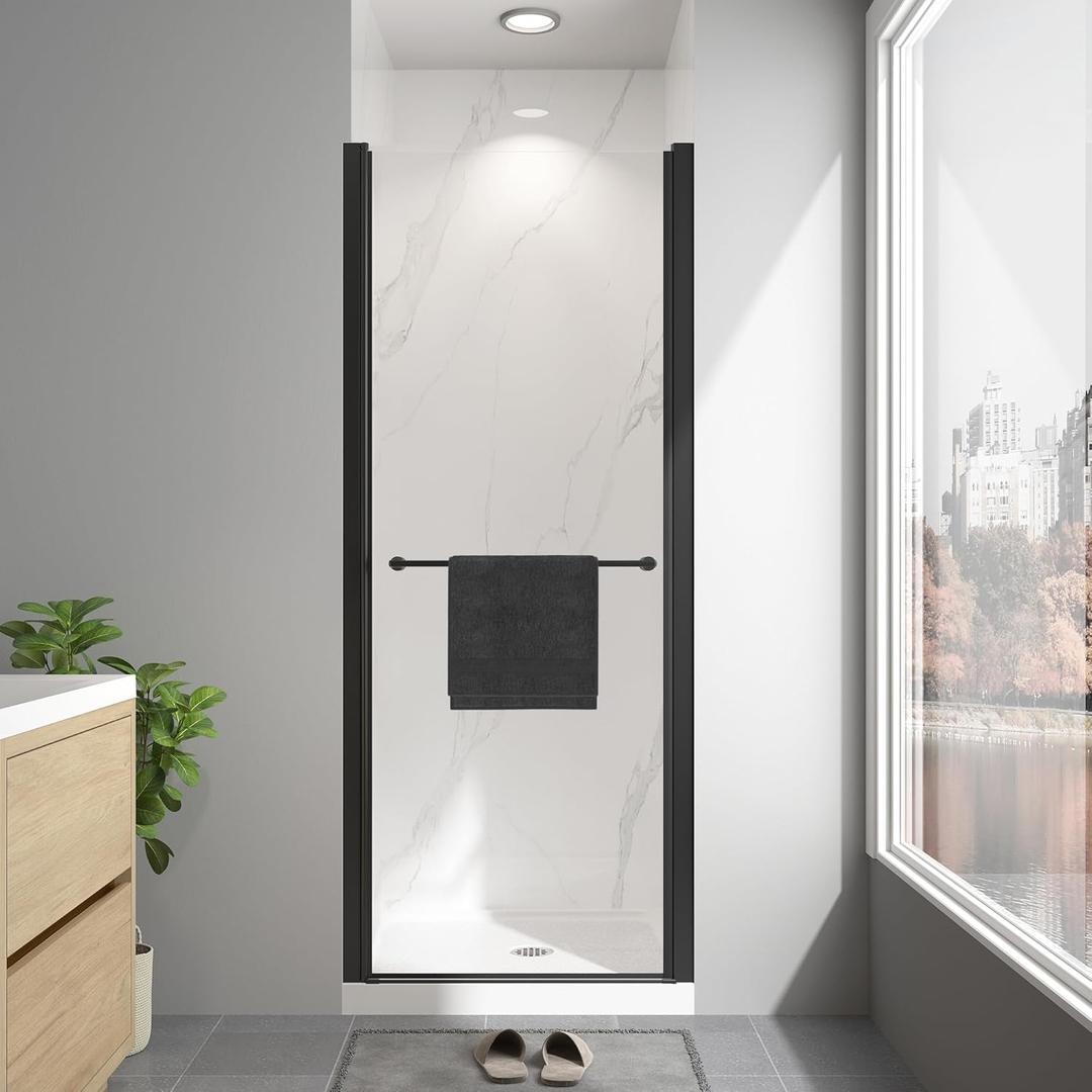 Frameless Pivot Shower Door 26"-28" W x 72" H, Swing Shower Glass Doors with Nano Explosion-Proof Film Tempered Glass 1/4"(6mm) Reversible Installtion, Matte Black Finish