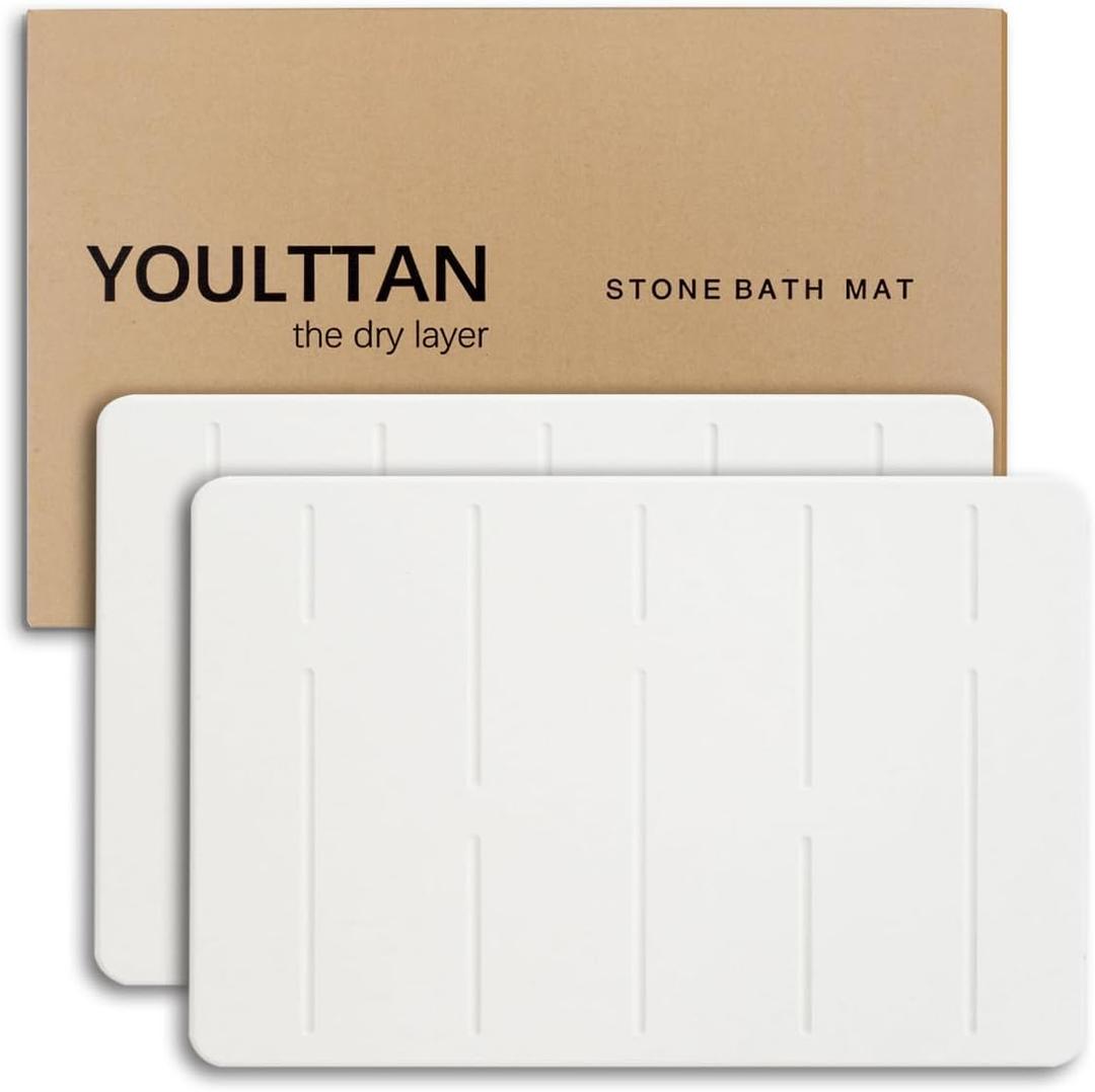 Home Bath Stone Mat 24"x16" (2-Pack)  Quick-Dry, Non-Slip Diatomaceous Earth Mat, Stylish & Absorbent, White Straight