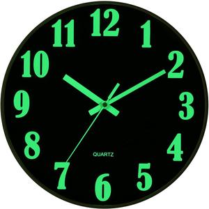 JoFomp Glow in The Dark Clock, 12 Inch Modern Silent Non Ticking Wall Clocks Battery Operated, Night Light Wall Clock for Living Room Decor, Wall Clock Decorative for Kitchen Bedroom (Black)