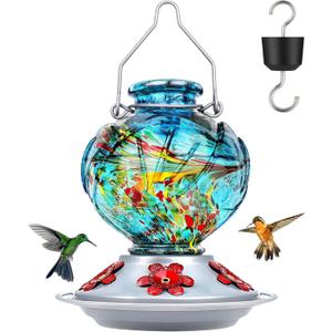 BOLITE Hummingbird Feeder, Hand Blown Glass Hummingbird Feeders for Outdoors Hanging, with Ant Moat and 5 Feeding Ports, 22 Ounces, Peony Flower Shape, Blue, Gifts for Women Men, Gifts for Mom Dad