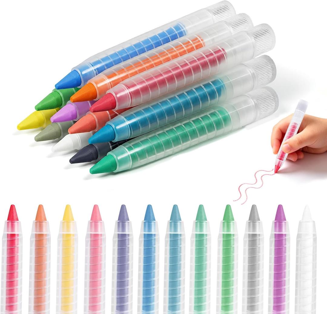 NewFamily 12-Color Dustless Chalk for Kids with Protective Holders, Washable & Non-Toxic, Smooth Writing & Easy to Erase for Chalkboard, Indoor & Outdoor Use
