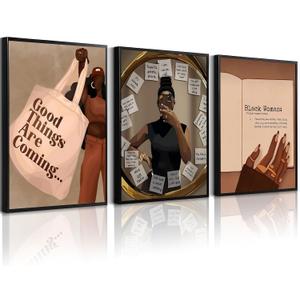 Black Girl Wall Art African American Woman Canvas Wall Decor Black Female Wall Art Fashion Women Poster Feminine Boho Pictures Abstract Paintings for Bedroom Bathroom 16x24 Inch Unframed Set of 3