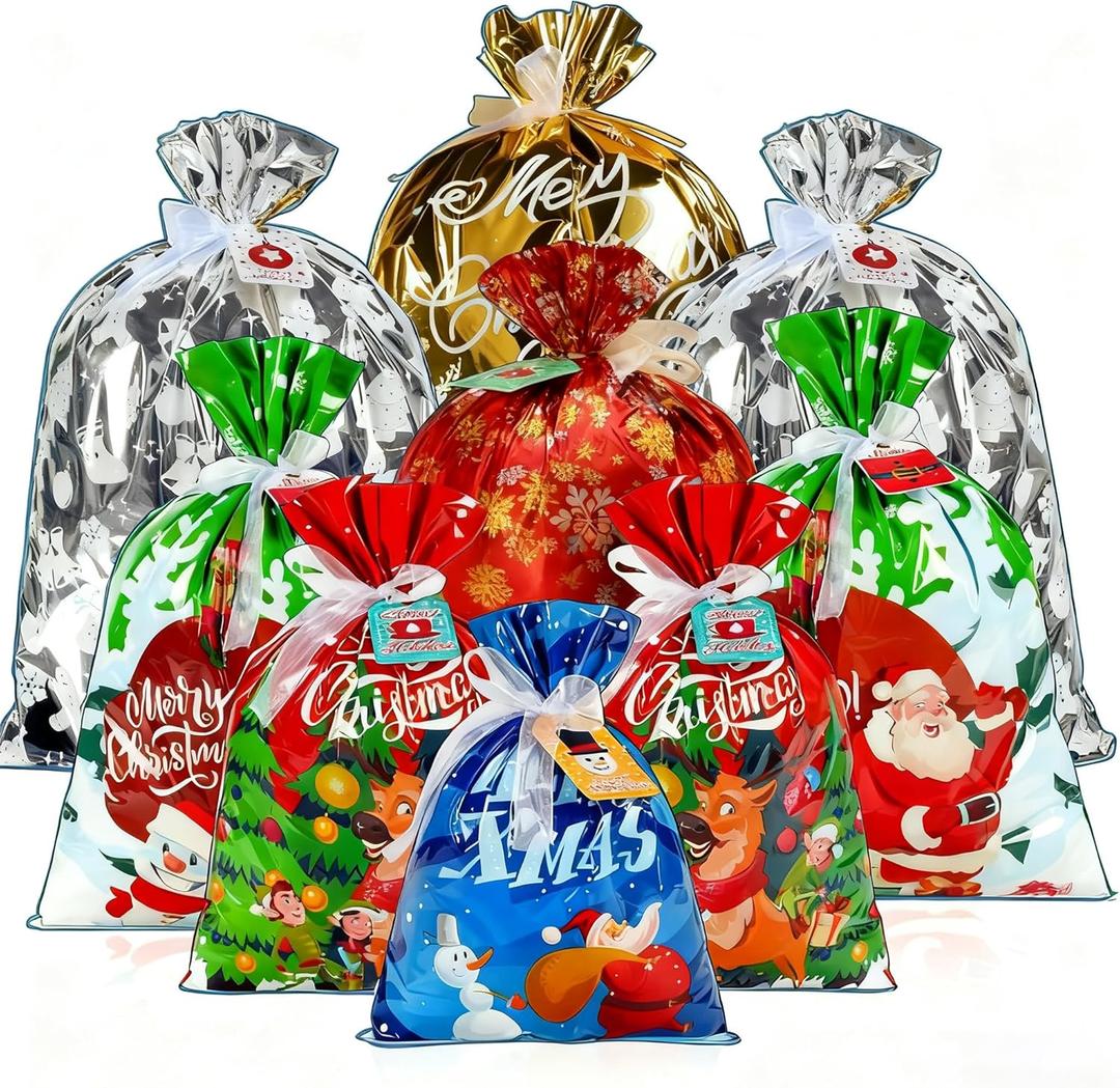 PINWATT 30 Pack Christmas Gift Bags Reusable Plastic with Ribbon Ties, Assorted Sizes (5S/5M/10L/10XL), Santa Holiday Bags for Kids Toys Large Gifts & Goodie Supplies