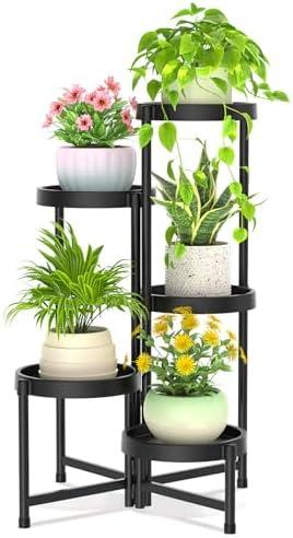 iDavosic.ly 5 Tier Folding Plant Stand Indoor Outdoor with Plastic Tray, Tiered Corner Flower Holder Shelf, Metal Orchid Display Rack for Patio Porch Living Room Garden Balcony, Modern Black