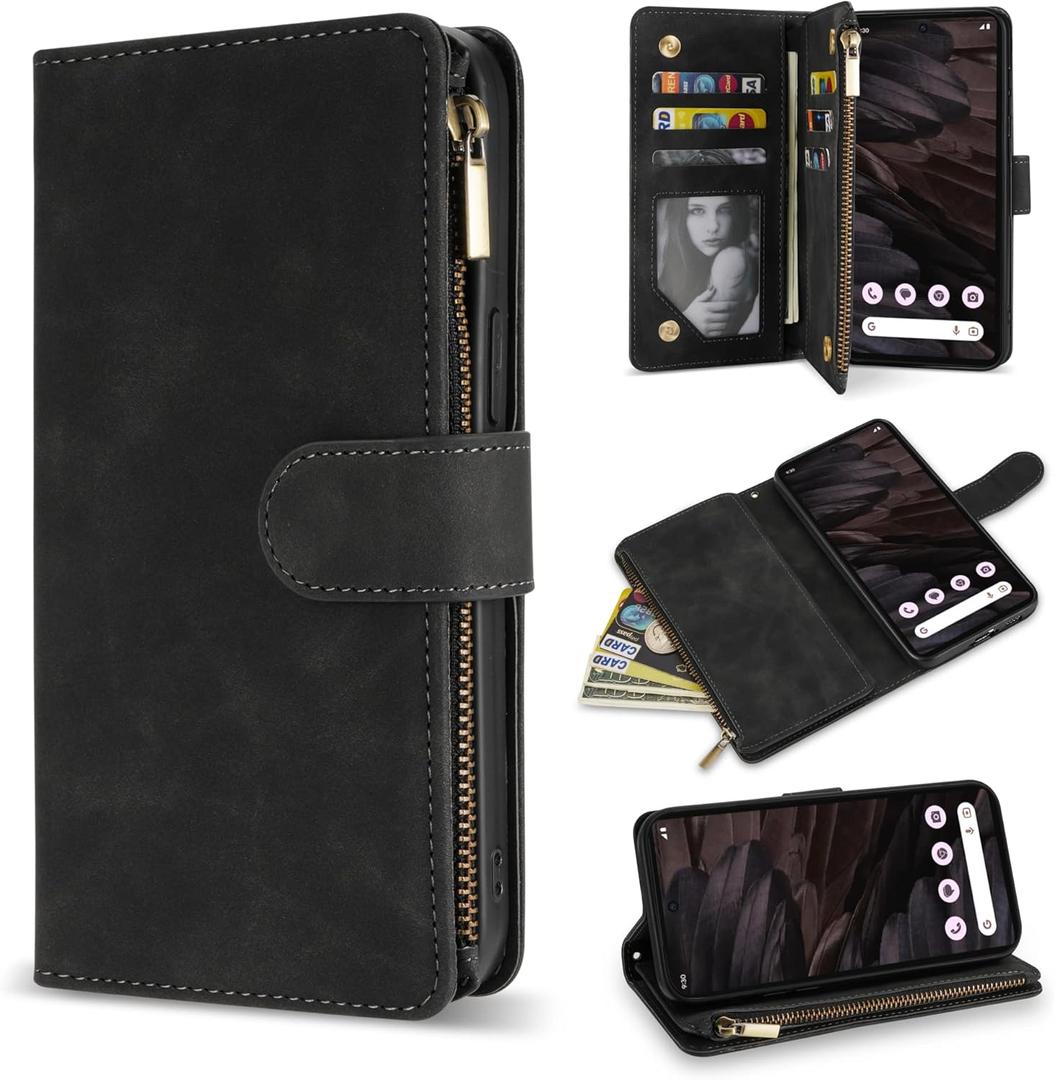 ZZXX for Google Pixel 7A Case Wallet with RFID Blocking Card Slot Premium Soft PU Leather Zipper Flip Folio with Wrist Strap Kickstand Protective Cover for Google 7A Wallet Case(6.1 inch Black)