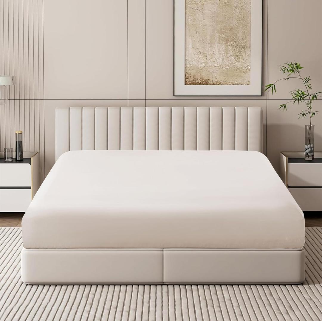 Split King/2 Pack Twin XL Fitted Sheet Only, 100% Egyptian Cotton, 600 Thread Count, 16" Deep Pocket Sateen Weave Bottom Sheet, Soft Breathable Hotel Quality (Split King/2 Pack Twin XL, Light Beige)