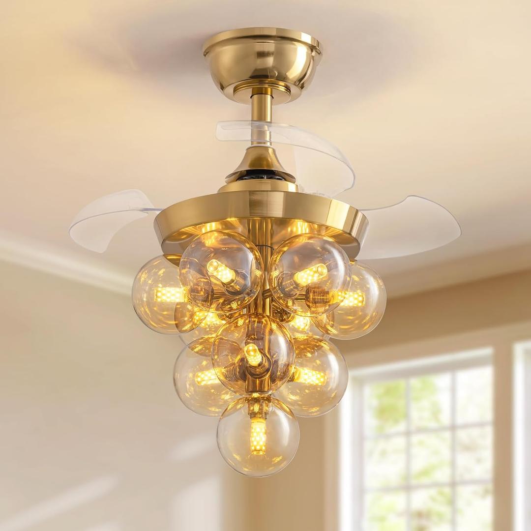 Siljoy 23.6" Gold Ceiling, Gold Fandelier Ceiling Fans with Light, Modern Retractable Ceiling Fan with Lights, 10-Light Glass Bubble Chandelier Fan Remote Control for Bedroom Nursery Living Room