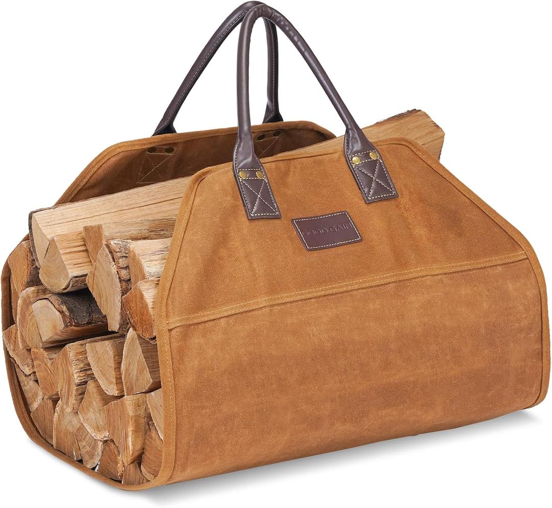 GOOD GAIN Firewood Carrier Waxed Canvas with Faux Leather Handle, Wood Carrier for Firewood, 36x18.5in Heavy Duty Firewood Storage Tote, Fireplace Log Carrier Indoor Bag, Wood Stove Accessories. Khaki