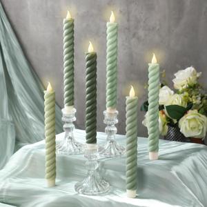 Baquler 6 Pcs Sage Green Flameless Taper Candle Twisted LED 9.65 Inch Taper Candles Battery Operated Twisted Candlesticks for Summer Wedding Birthday Home Party Holiday Dinner Fireplace Decor