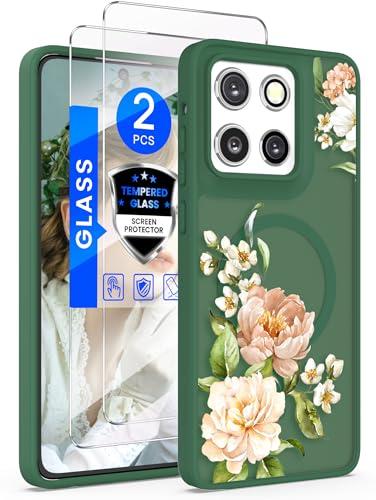 Yucenx for Motorola Moto G Stylus 5G 2025 Floral Phone Case with 2X Screen Protector, Military Grade Magnetic Translucent Matte Girls Women Flower Pattern Protective Cover (Green)