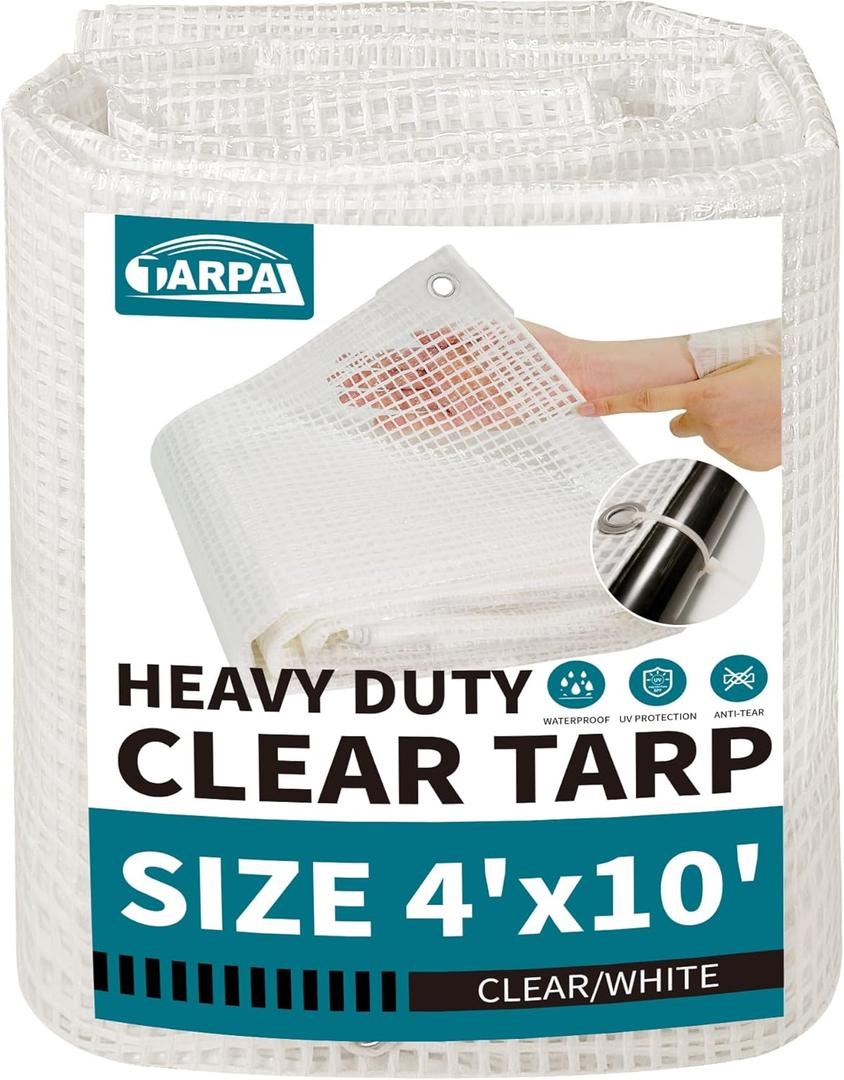 TARPAL 4'x10' Clear White Tarp Heavy Duty Waterproof 12mil with Grommets or Zip Ties for Small Greenhouse for Outdoors Garden,Farm,Chicken Coops (4x10ft-Finished size)