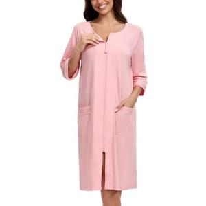 CF 100% Cotton Robes for Women Zip Up Housecoat Lightweight Bathrobe, Pink, XL